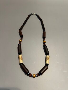 Vintage Tribal Inspired Beaded Necklace - Earthy Wood & Resin Accents
